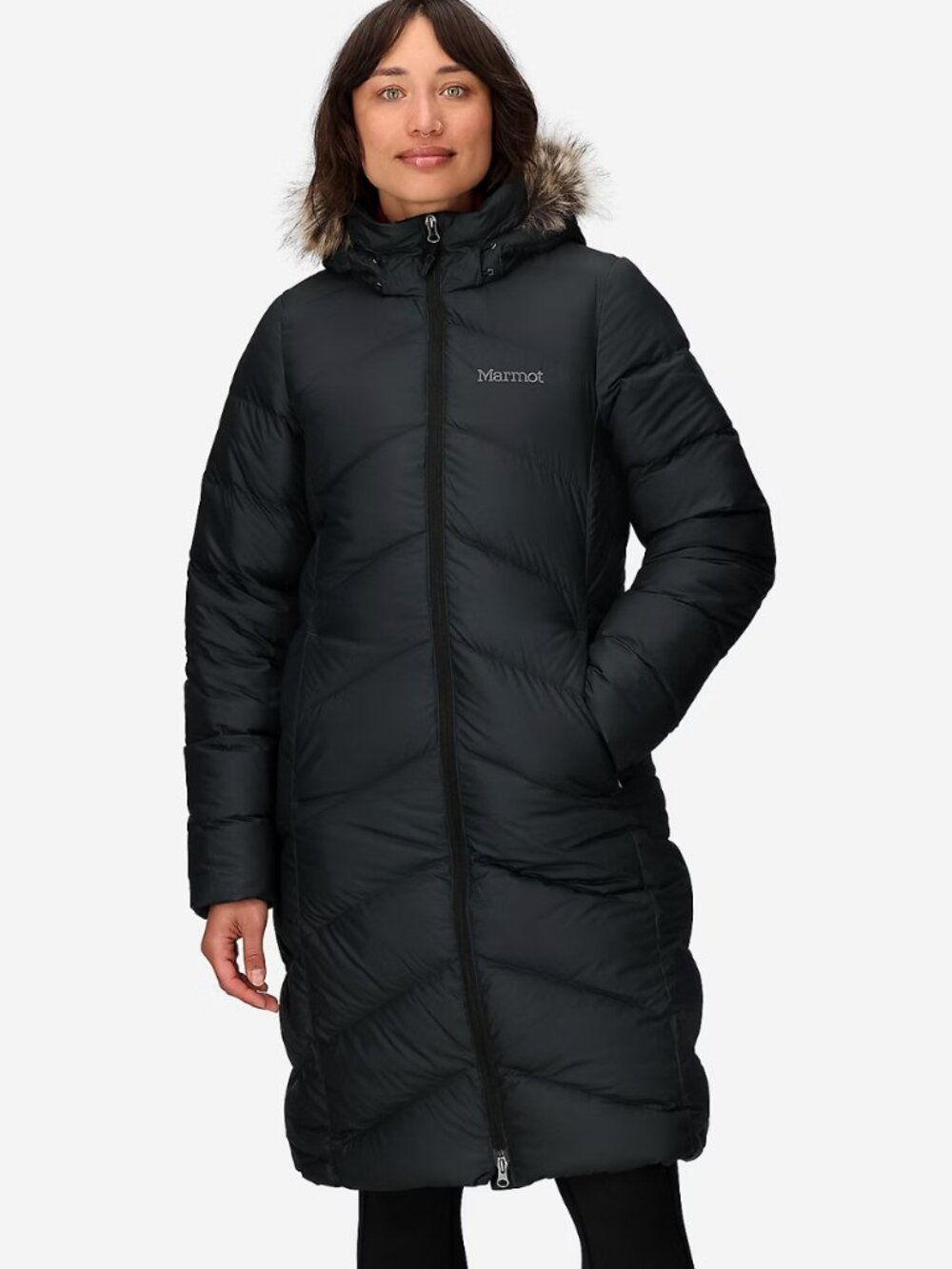 Marmot Montreaux Black Down Long Puffer Coat with Faux Fur Trim Hood